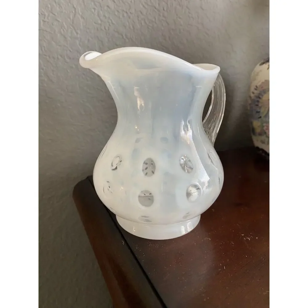 Vintage Fenton White Coin Dot Creamer Pitcher Small Opalescent 4” Glass Vase